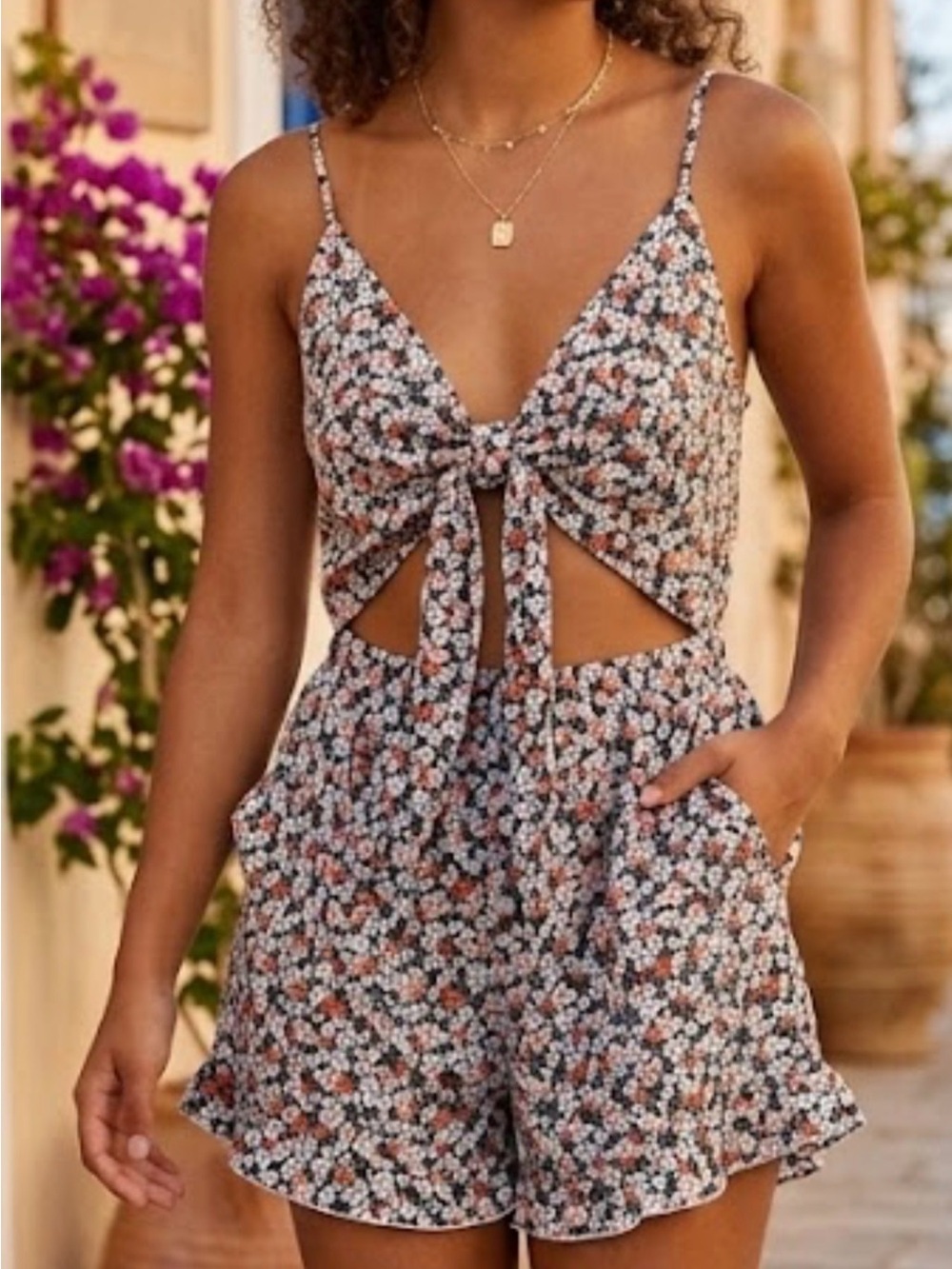 Floral Tie-Front Romper in Black & Peach